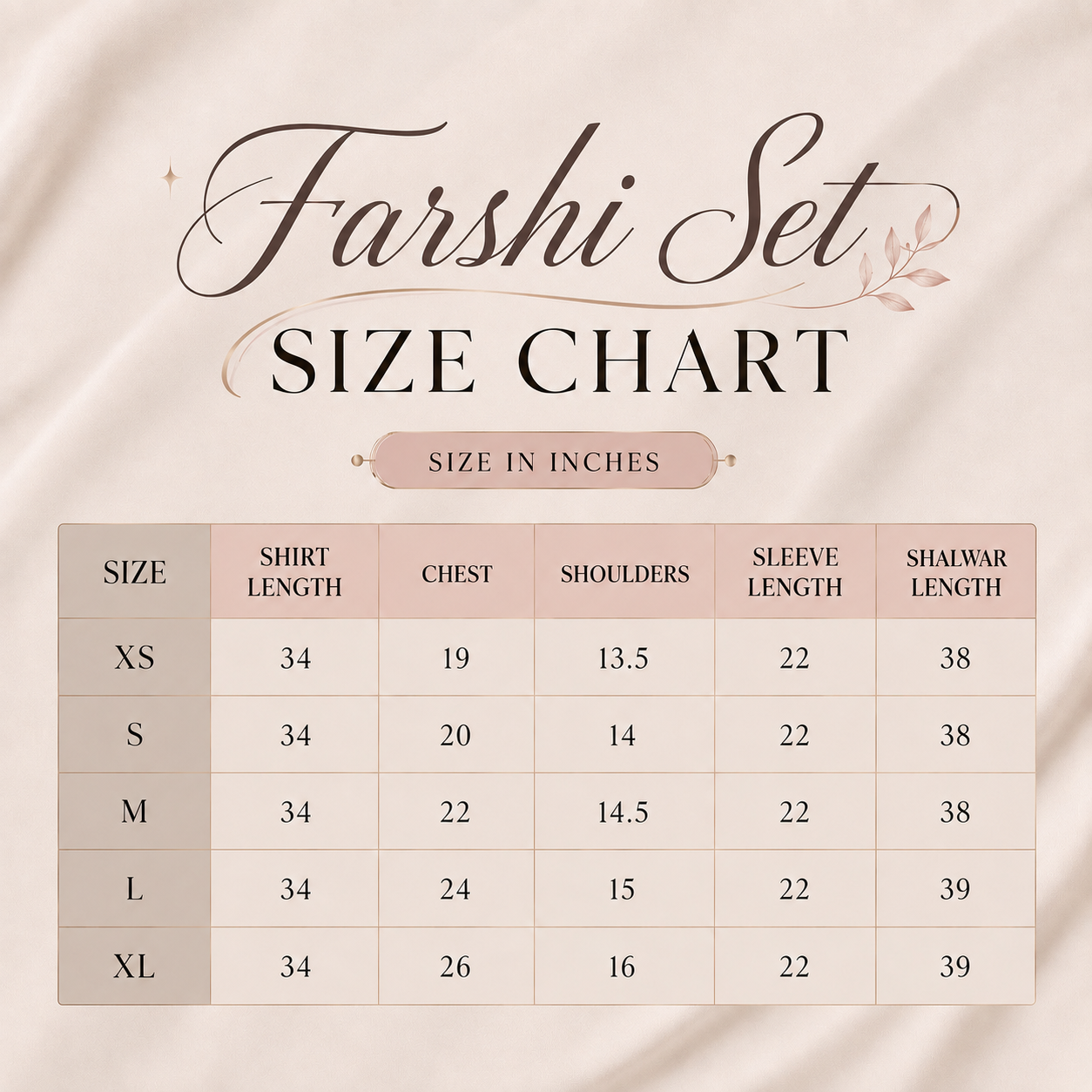 Rayon Farshi Set Size Chart